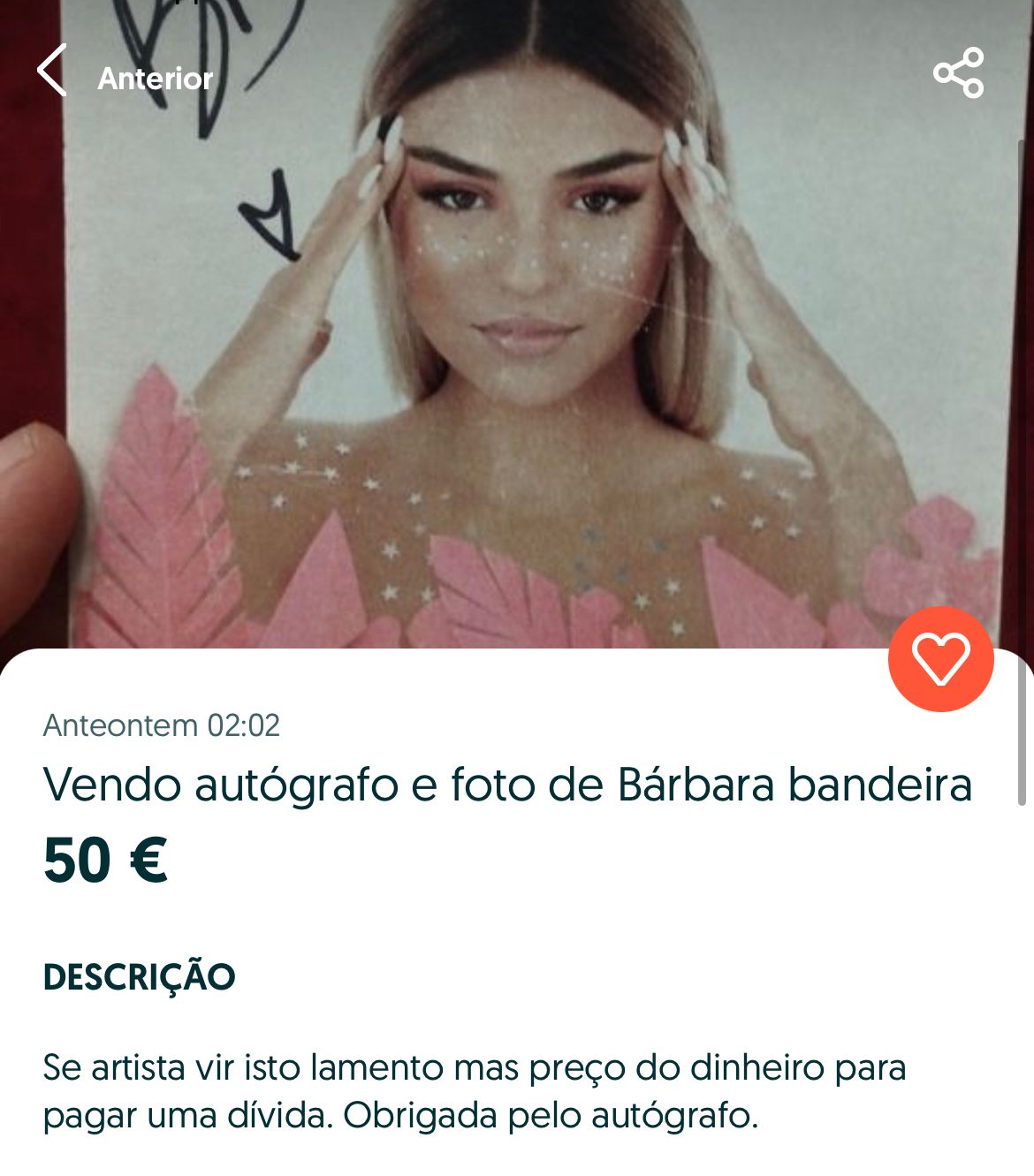 Autógrafo de Bárbara Bandeira à venda por 50 euros: &#8220;Se a artista vir isto, lamento&#8221;