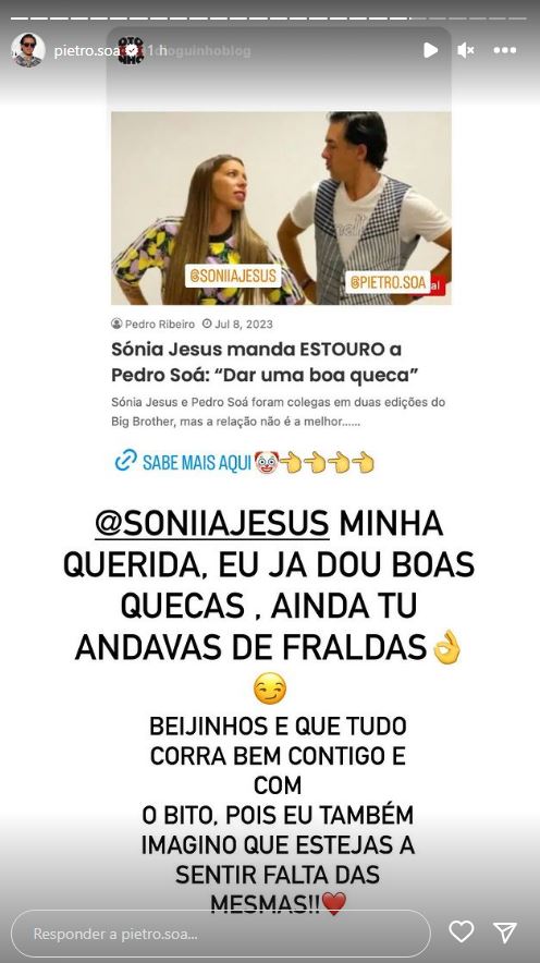 Pedro Soá dá resposta ao &#8220;arraso&#8221; de Sónia Jesus: &#8220;Também imagino que estejas a sentir falta [de quecas]&#8230;&#8221;