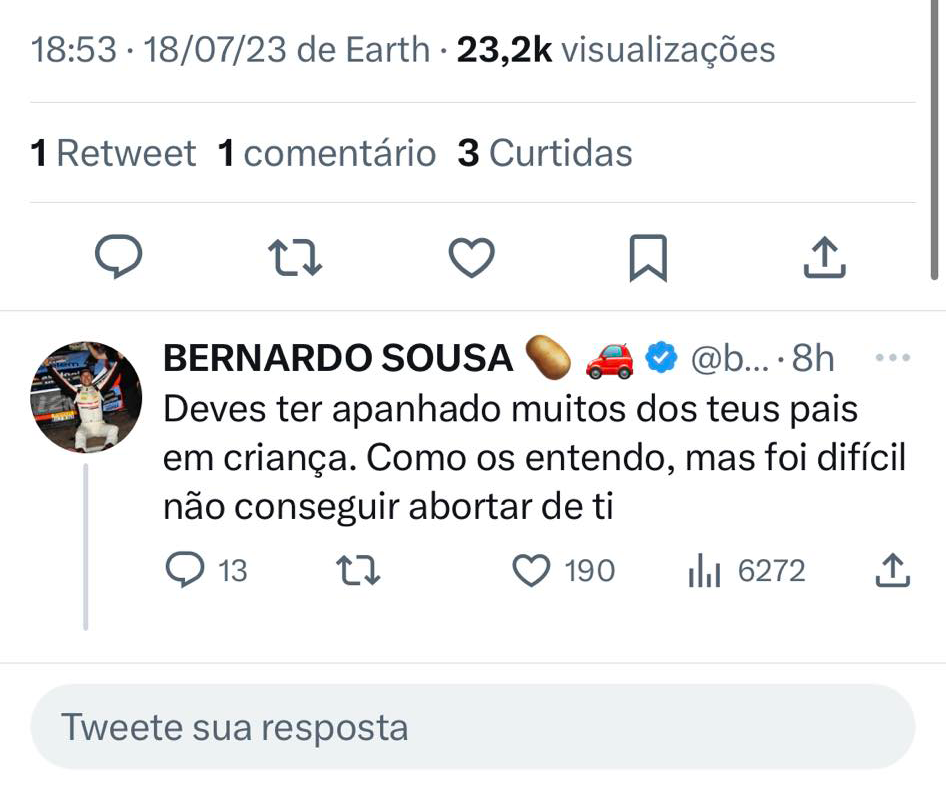 Bernardo Sousa perde a paciência e responde a hater: &#8220;Foi difícil não conseguir abortar de ti&#8230;&#8221;