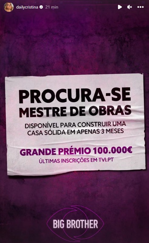 Está quase! Cristina Ferreira promove nova edição do Big Brother e anuncia &#8220;últimas inscrições&#8221;
