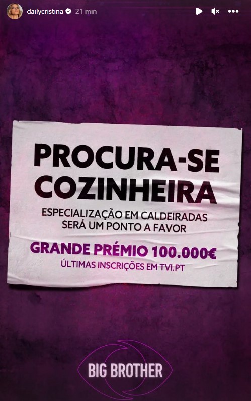 Está quase! Cristina Ferreira promove nova edição do Big Brother e anuncia &#8220;últimas inscrições&#8221;