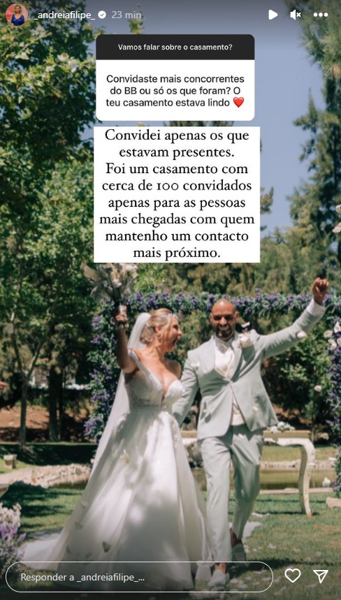 Andreia Filipe responde sobre o seu casamento: &#8220;Convidaste mais concorrentes do BB ou só os que foram?&#8221;