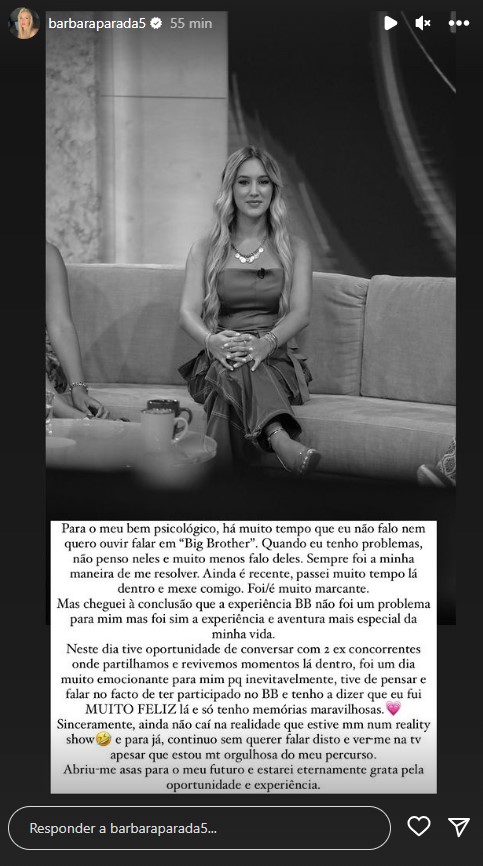 Bárbara Parada sobre o Big Brother: &#8220;Para o meu bem psicológico, há muito tempo que não falo nem quero ouvir falar&#8230;&#8221;