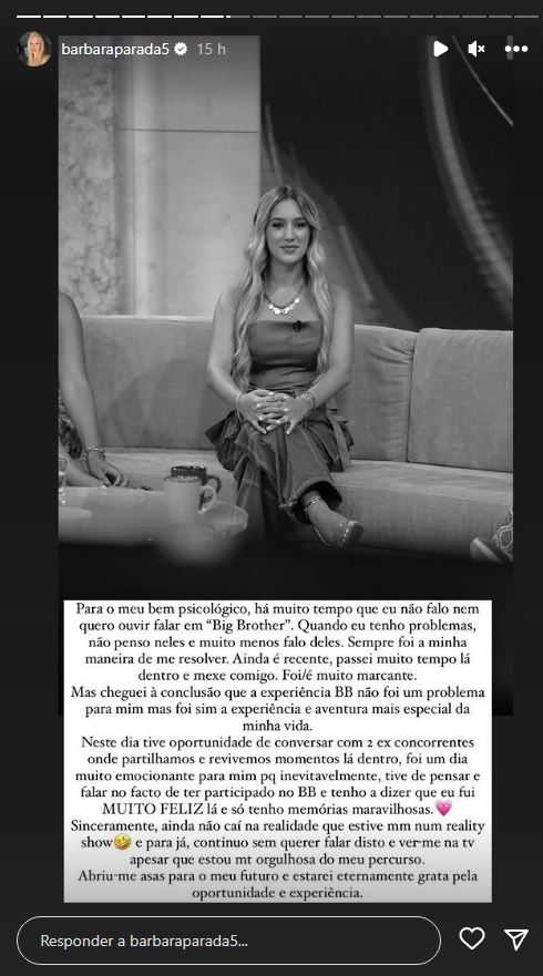 Bárbara Parada “recusa” falar sobre o “Big Brother” e explica: “Para o meu bem psicológico…”