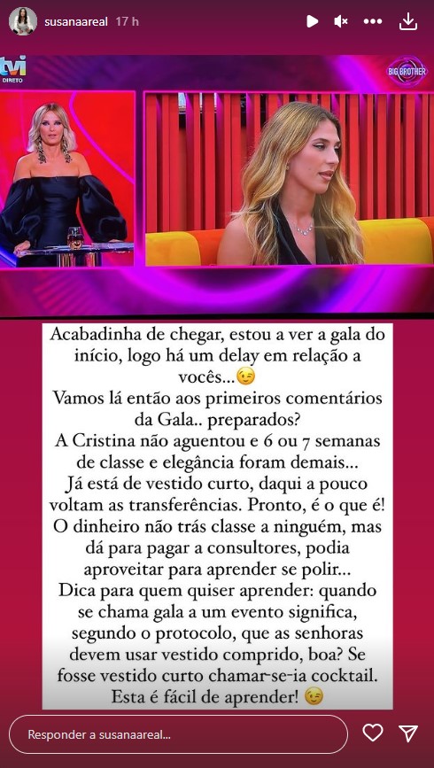 Susana Areal critica look de Cristina Ferreira: &#8220;O dinheiro não traz classe a ninguém&#8230;&#8221;
