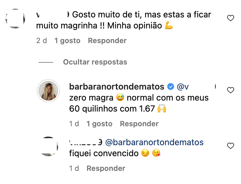 Bárbara Norton de Matos recebe &#8216;reparo&#8217; e responde: &#8220;Estás a ficar muito magrinha&#8230;&#8221;