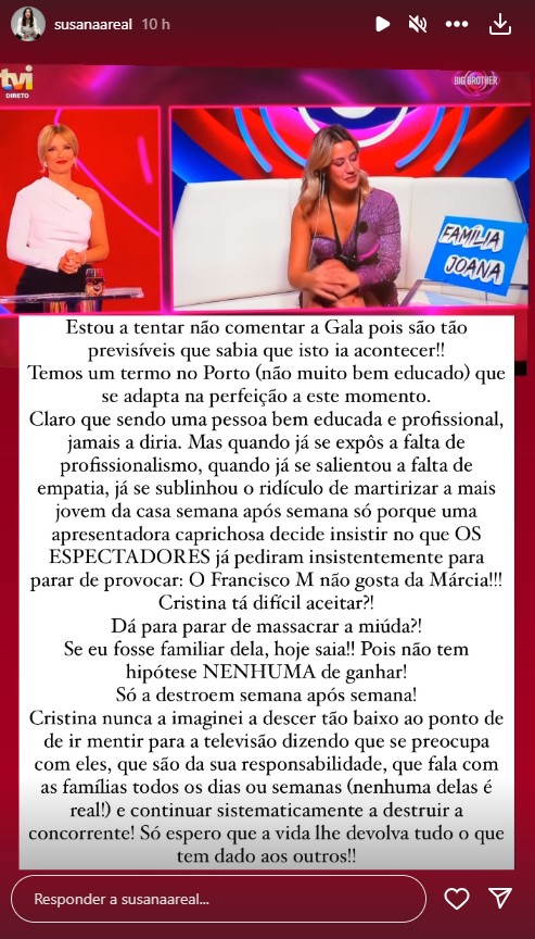 Susana Areal acusa Cristina Ferreira de &#8220;massacrar&#8221; e &#8220;mentir&#8221; na gala do Big Brother: &#8220;Dá para parar?&#8221;