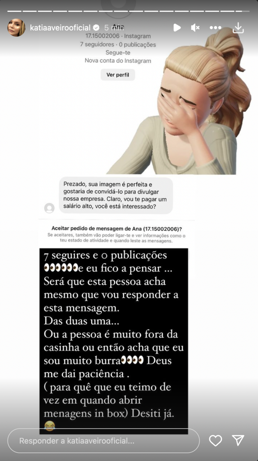 Katia Aveiro reage após mensagem &#8216;suspeita&#8217;: &#8220;Acha que sou burra. Deus me dê paciência&#8221;