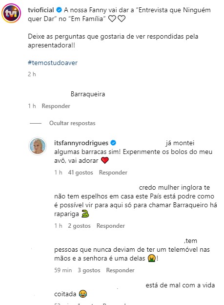 &#8220;Barraqueira&#8221;: Fanny Rodrigues responde (à letra) a crítica de internauta