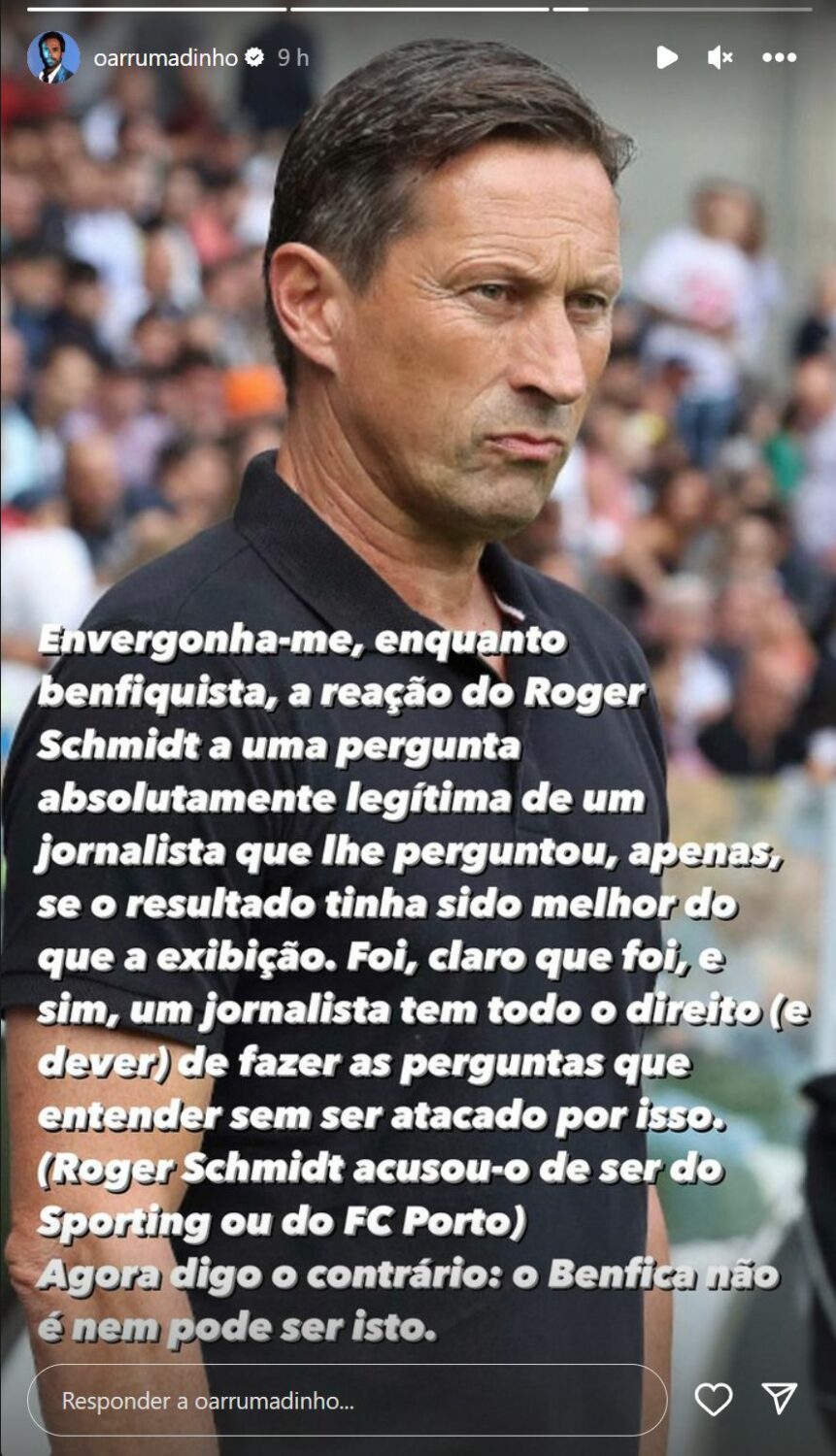 Ricardo Martins Pereira &#8220;envergonhado&#8221; com atitude de Roger Schmidt: &#8220;O Benfica não é nem pode ser isto&#8230;&#8221;