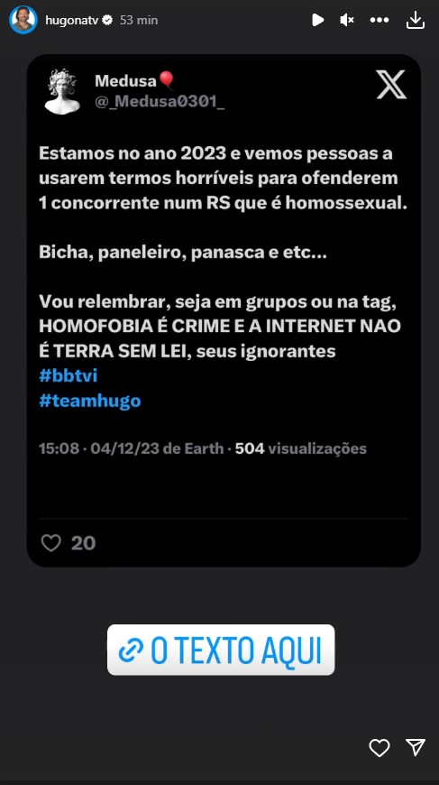 Família de Hugo Andrade faz denúncia após comentários ao concorrente: &#8220;Homofobia é crime&#8230;&#8221;