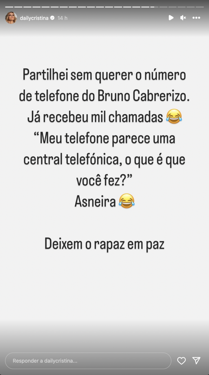 Cristina Ferreira revela número de Bruno Cabrerizo &#8220;sem querer&#8221; e faz &#8216;pedido&#8217;: &#8220;Já recebeu mil chamadas&#8230;&#8221;