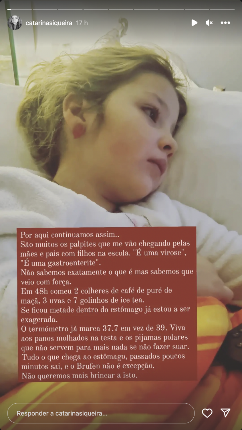 Catarina Siqueira de &#8216;coração apertado&#8217; com a filha doente: &#8220;Obrigada a todos pelas mensagens&#8230;&#8221;