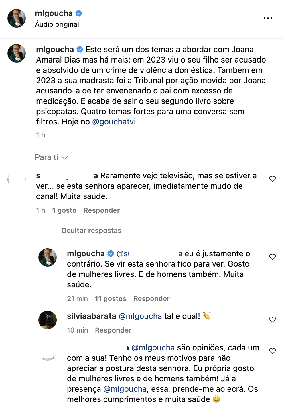 Manuel Luís Goucha responde a crítica sobre Joana Amaral Dias: &#8220;Se estiver mudo de canal&#8230;&#8221;