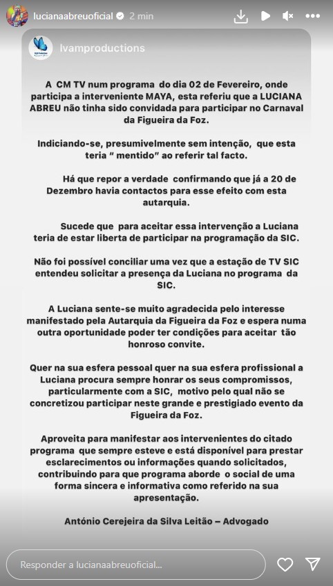 Luciana Abreu emite comunicado e deixa &#8216;recado&#8217; a programa da CMTV: &#8220;Há que repor a verdade&#8230;&#8221;