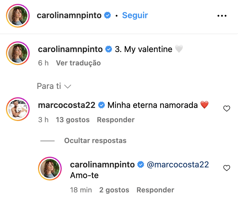 Amor! Marco Costa e Carolina Pinto trocam declarações em dia especial: &#8220;Minha eterna namorada&#8230;&#8221;