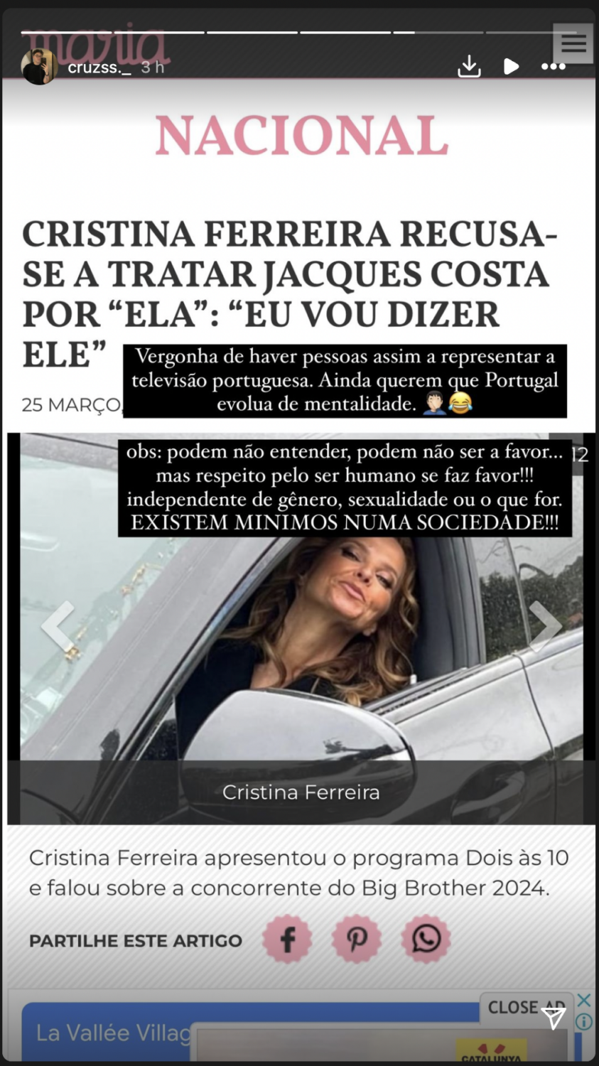 Filho de Marta Cruz revoltado com observação de Cristina Ferreira: “Vergonha de haver pessoas assim”