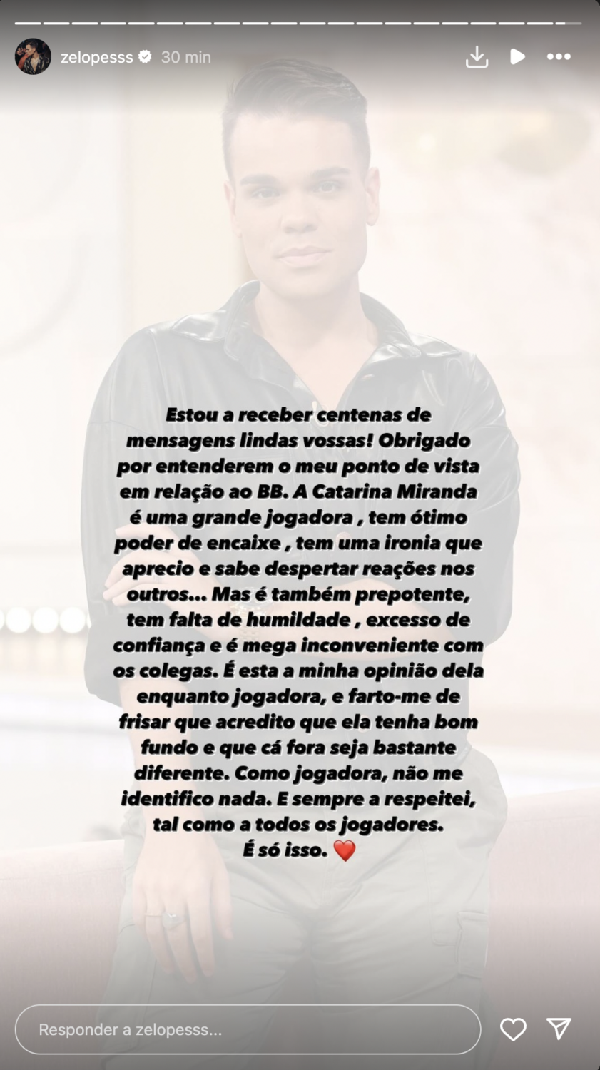 Zé Lopes faz esclarecimento sobre Catarina Miranda: &#8220;É esta a minha opinião&#8221;